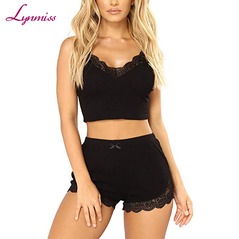 Lynmiss Горячая продажа мягкие кружевные Cami v-образным вырезом без рукавов Короткие брюки хлопок Pj набор женские пижамы и женские пижамы