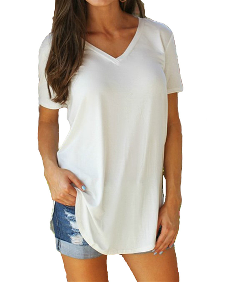 blank white t shirt for women soft fabric short sleeve tshirt with v-neck
