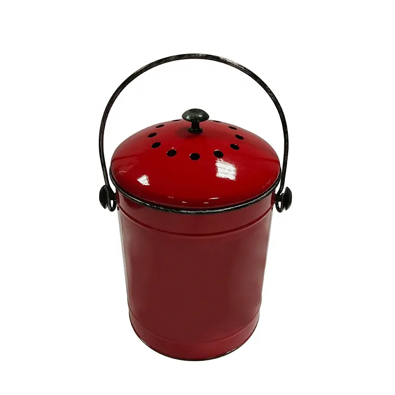 Custom Logo Round Red garden Kitchen Counter Metal Trash Keeper Container Compost Bin Bucket