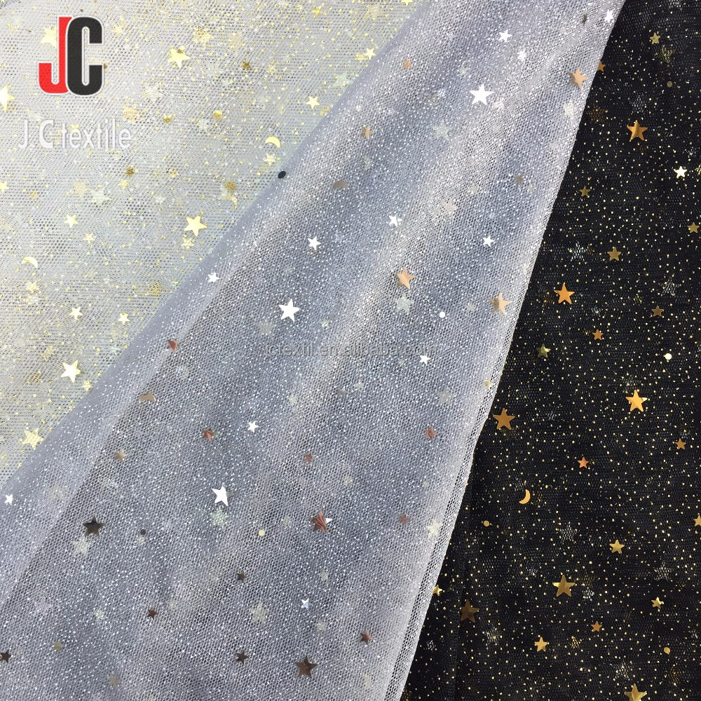 JC-M251953 100% полиэфирная сетчатая блестящая ткань со звездой и Луной для одежды