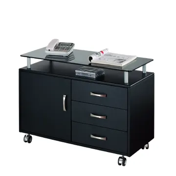 Black Glass Desktop Lateral Mobile Filing Cabinet With Metal Handles
