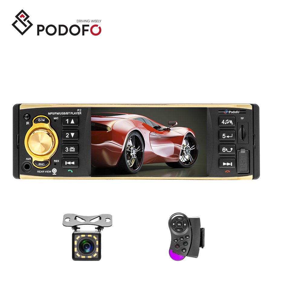 Podofo 1Din 4 ''HD Автомобильный Радио плеер BT авторадио FM AUX USB SD карта + управление рулевым колесом и 12LED камера заднего вида