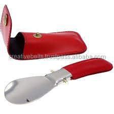 Pocket size shoe horn stainless steel with leather pouch
