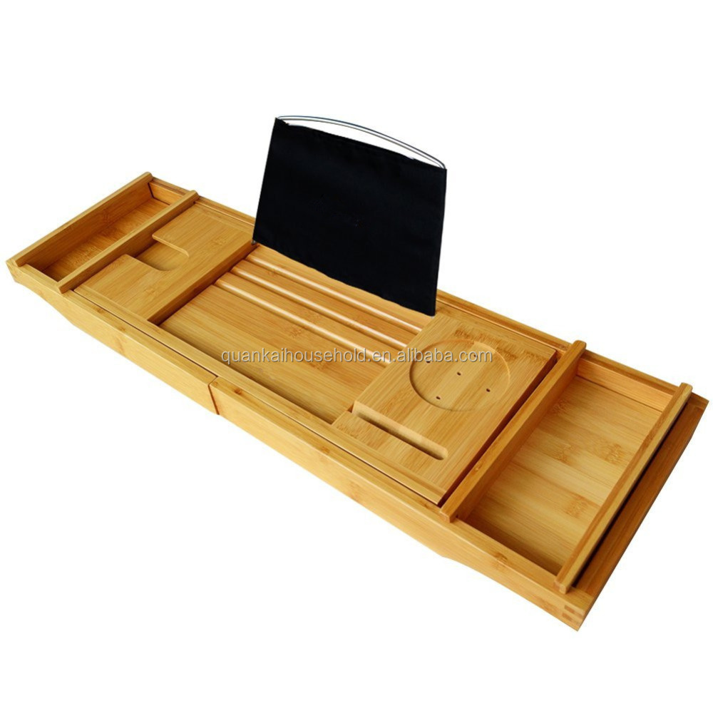 Bamboo Роскошные Ванна Caddy с удлиняющимися бортами, 2 съемные доски и регулируемая нержавеющая сталь книга/iPad стенд