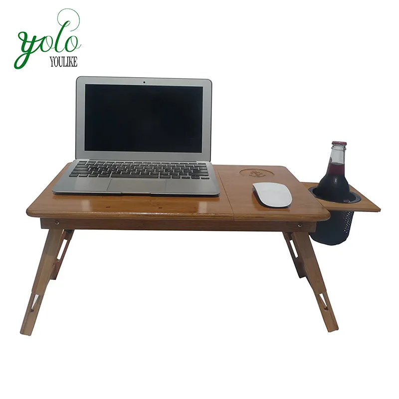 Adjustable Portable Foldable Bamboo Laptop Desk, Standing Table Breakfast Bed Tray with Heavy Duty Drink Storage