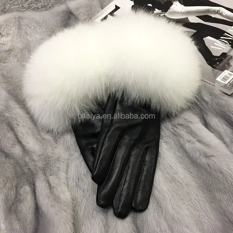 Fur Gloves Women Winter Genuine Sheepskin Leather Gloves Real Raccoon Fur Gloves
