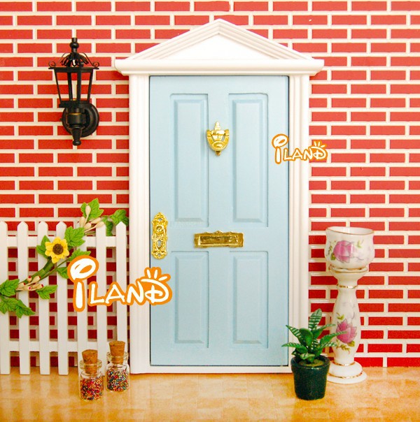 Dollhouse Miniatures Wood Fairy Door Painted Exterior Door 4 Panel with Hardware Blue OA011C-2B