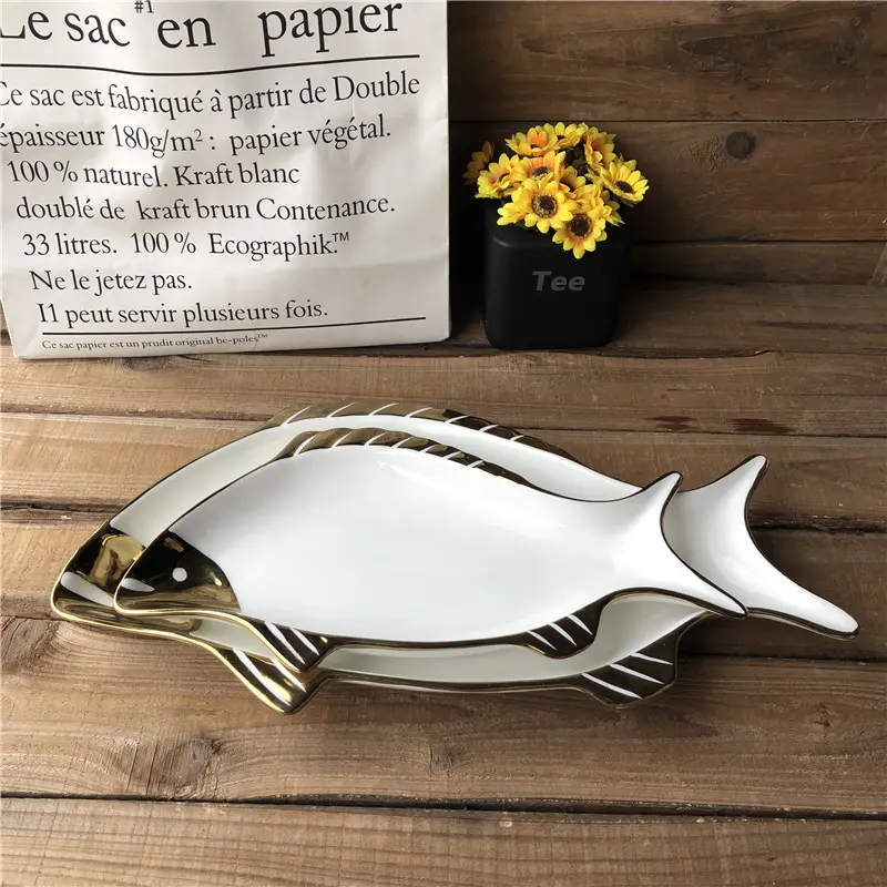 unique fish shape ceramic gild plate for hotel