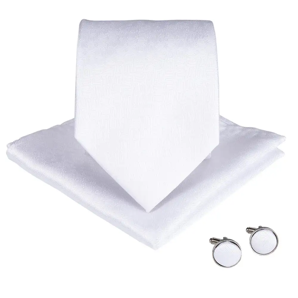Men's Tie With Handkerchief Cufflinks Set White Solid 8CM Width 100% Silk Neck Ties