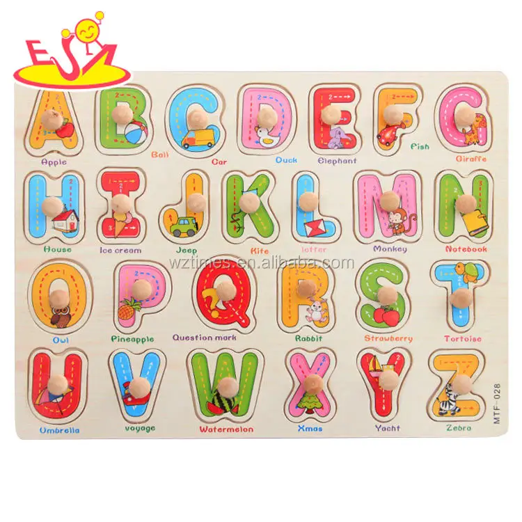 Wholesale teaching aid toy wooden alphabet knob puzzle for sale W14M106