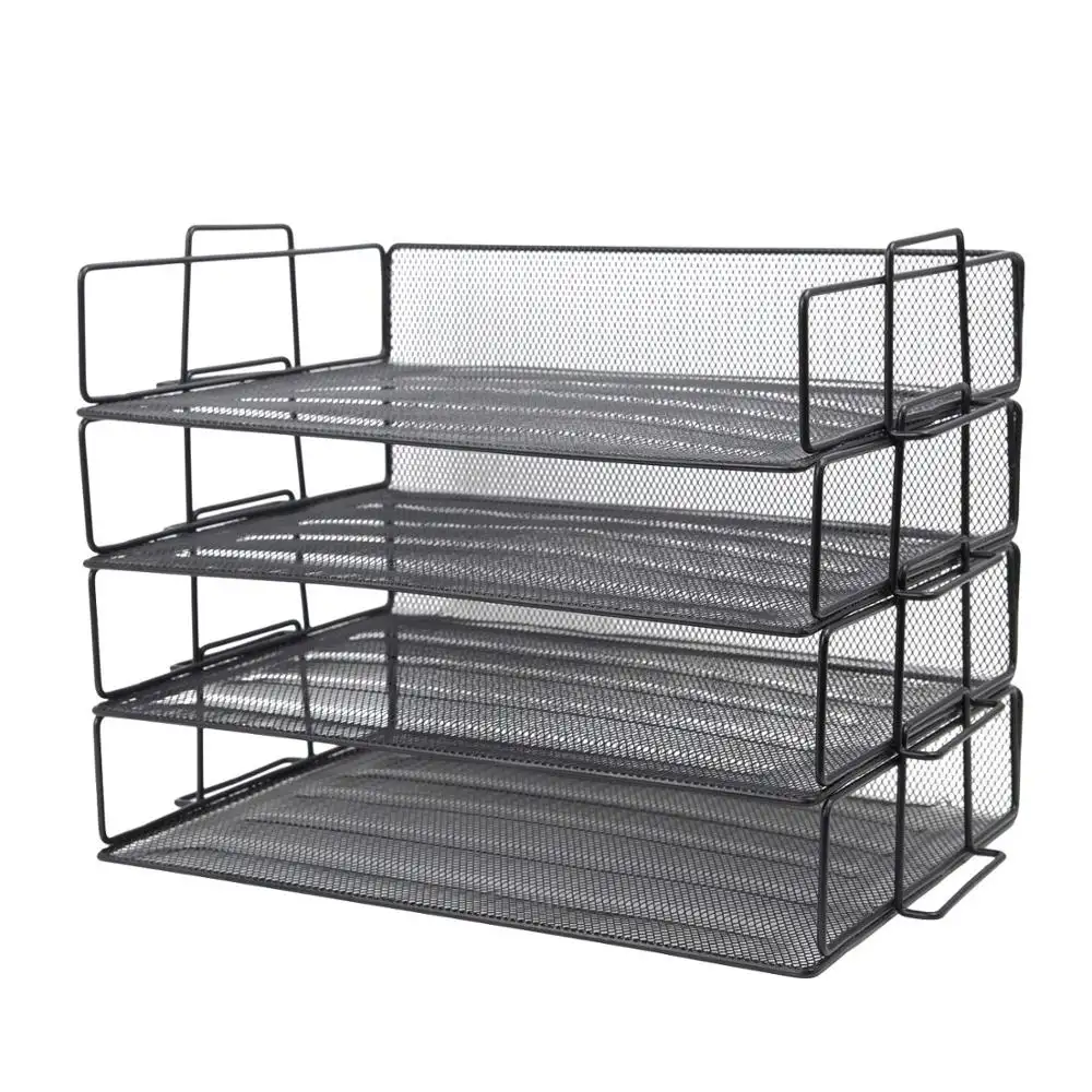 Office school home 4 tier black silver mesh stackable paper document desk file organizer for letter tray holder