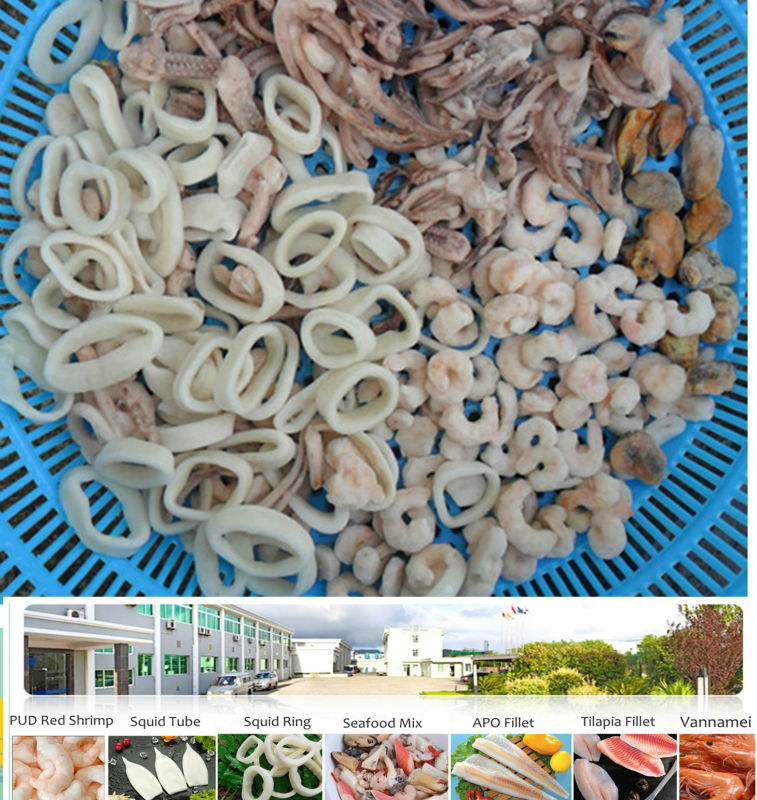 Смесь замороженных морепродуктов, красная рыба, кольца для кальмаров/трубки, лосось, филе полилока