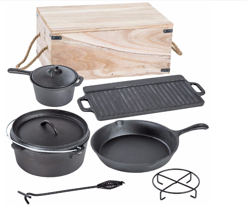 Wholesale Pre-Seasoned Large Cast Iron Dutch Oven Skillet Cookware Set 7pc with Wooden Case for Home Camping