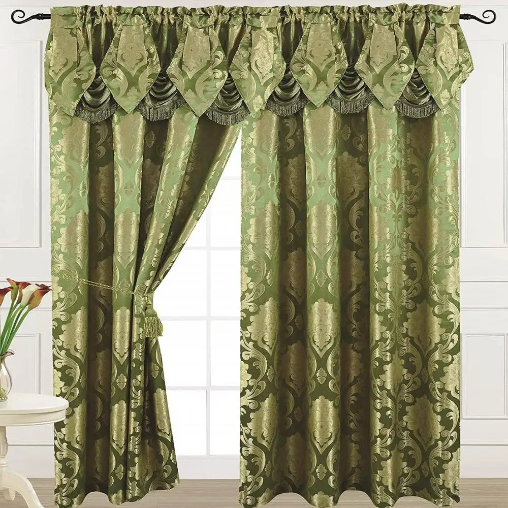 Ready Made Luxury Jacquard Fabric Curtain With Attached Valance ,Free Pattern Luxury Curtain Valance