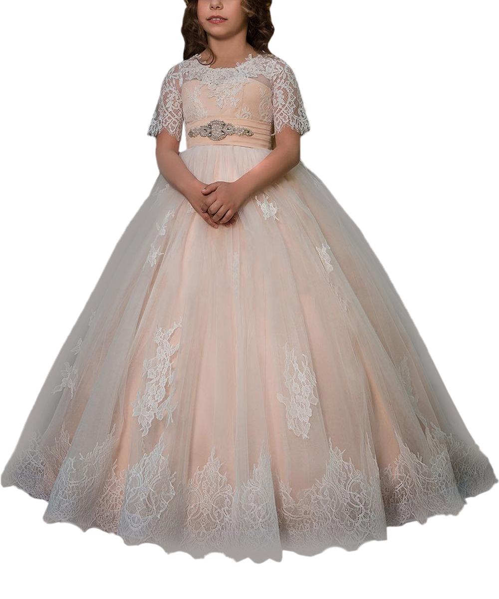 beautiful little girls party dress long kids prom ball gown lace flower girls net dress