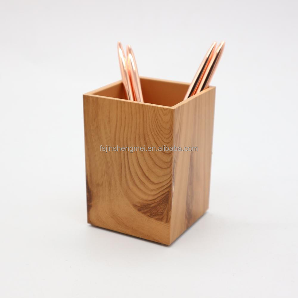 Eco-Friendly Acrylic Plastic Wooden Pattern Office Desk Pen Holder Sustainable and Stylish Writing Accessory