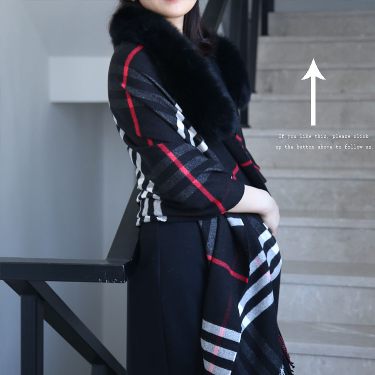 Cheap England Style Tassel Fox Fur Trim Stripe Plaid Wool Yarn Dyed Knit Short Big Shawl Stole Wrap
