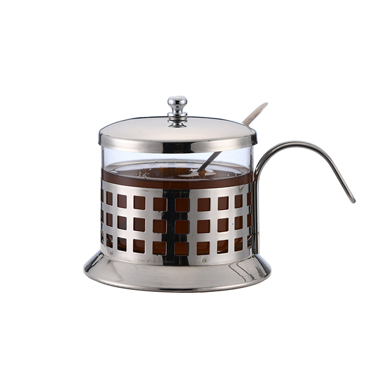 Wholesale Unique Stainless Steel Borosilicate Glass Sugar Pot with Spoon