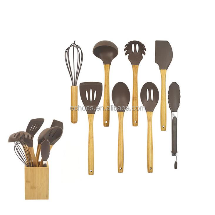 9piece silicone and wooden handle kitchen utensils cooking utensils set