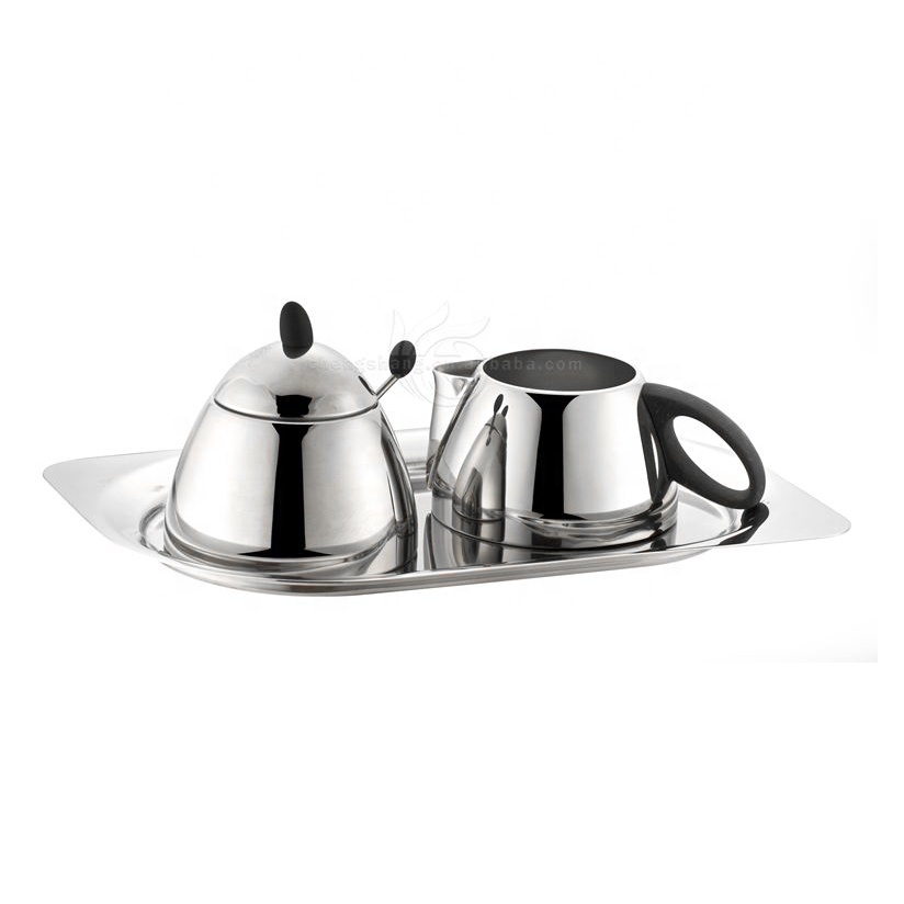 Coffee Serving Set Creamer and Sugar Bowl Set Stainless Steel Latte Milk Cup Cream Jug and Sugar Bowl with Lid Spoon Tray