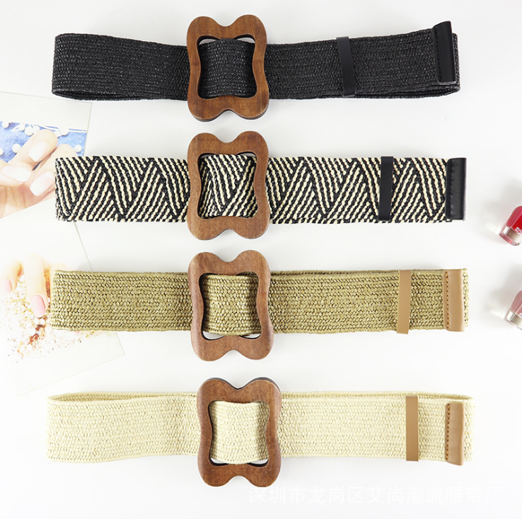 Raffia Straw Braided Woven Elastic Belts With Wood Buckle
