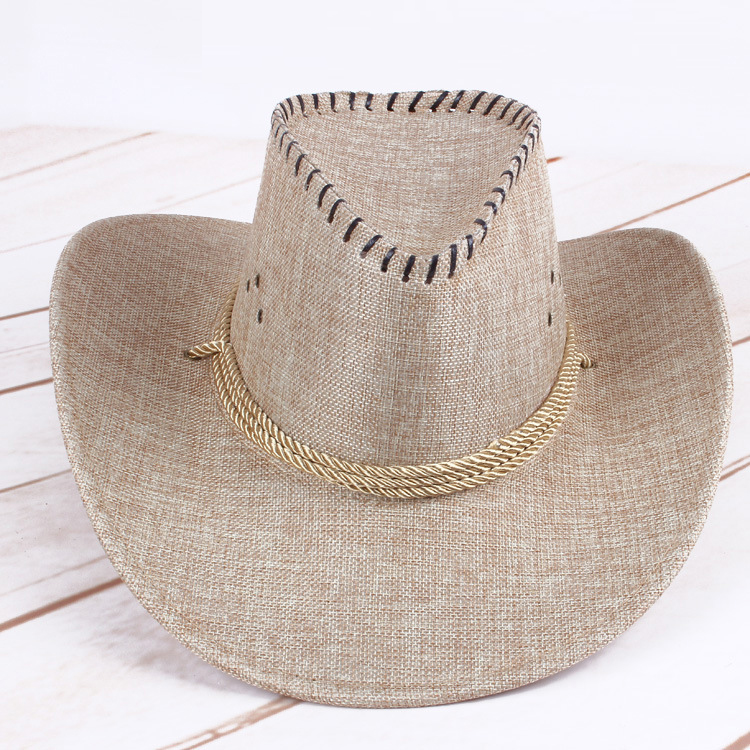 Linen Material George Shape Square Brim Cowboy Hat with 3 ropes
