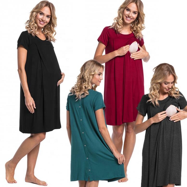 Pregnant women delivery hospital dress short sleeves on both sides hidden open breastfeeding suit