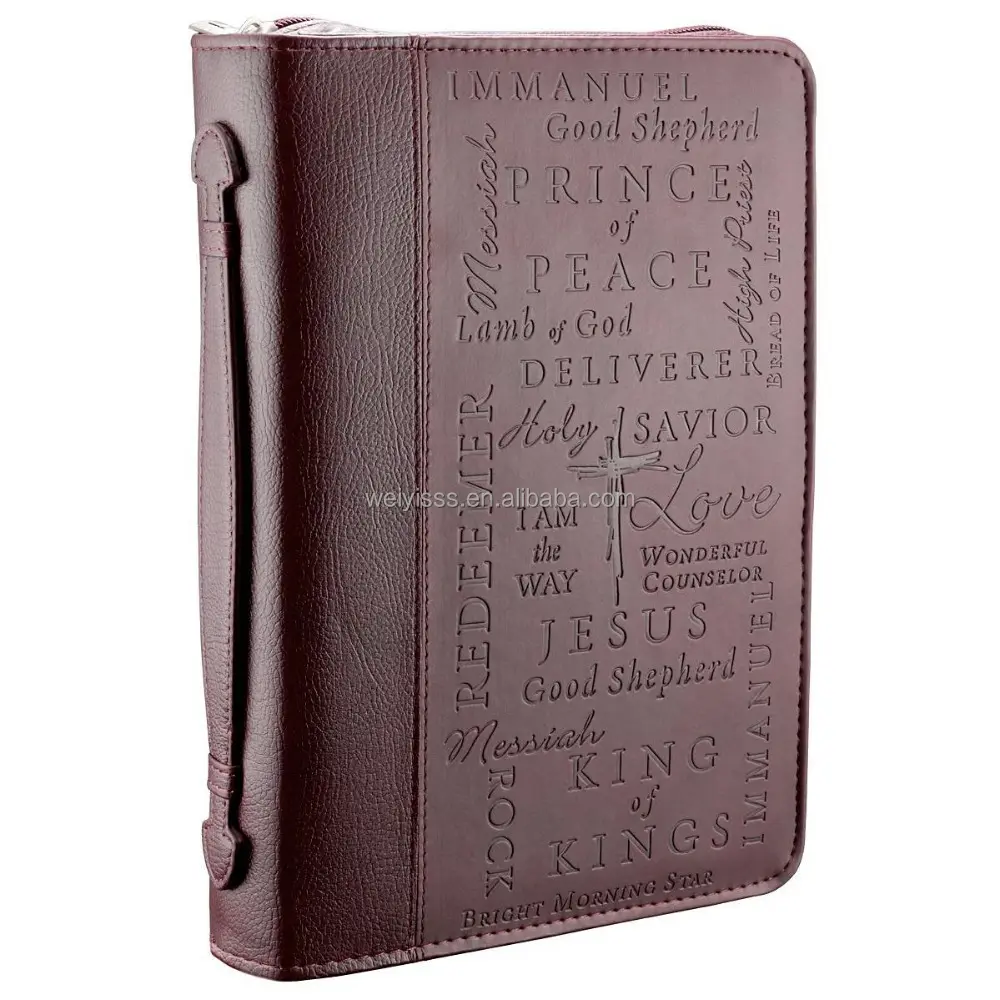Fashion Cross Engraved Zipper-Pull Jesus Leather Bible Cover with Handle