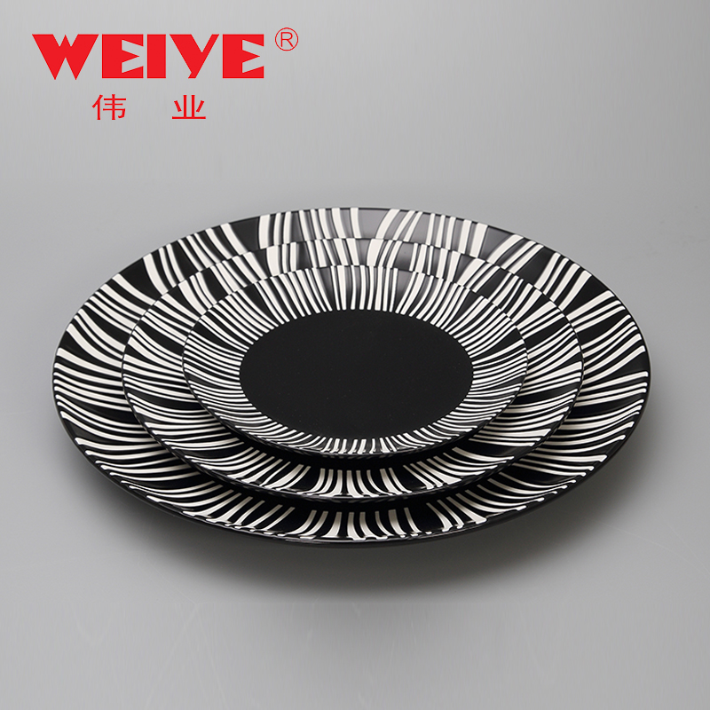 Weiye 8/10.75/14 дюймовая круглая черная тарелка для стейка, фарфоровая сервировочная тарелка с белой полосой и A0022