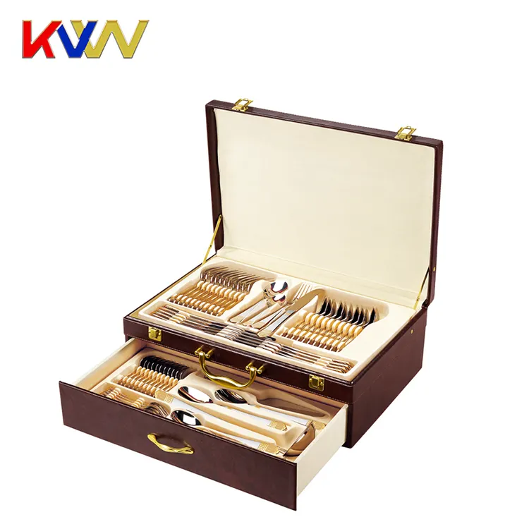 Stainless steel pro6umotional cutlery set 72 pieces gold flatware set with leather case
