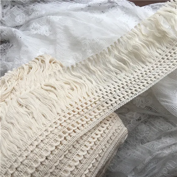 Beige Cotton Venise Lace Fringe Trim Fabric With Tassel for Garment