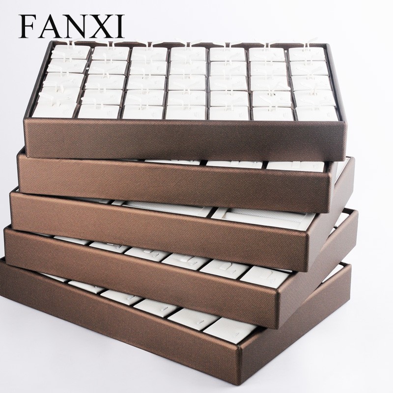 FANXI пользовательские роскошные функциональные ювелирные изделия, ожерелье, кольцо, серьги, лоток для хранения ювелирных изделий кофейного цвета из искусственной кожи