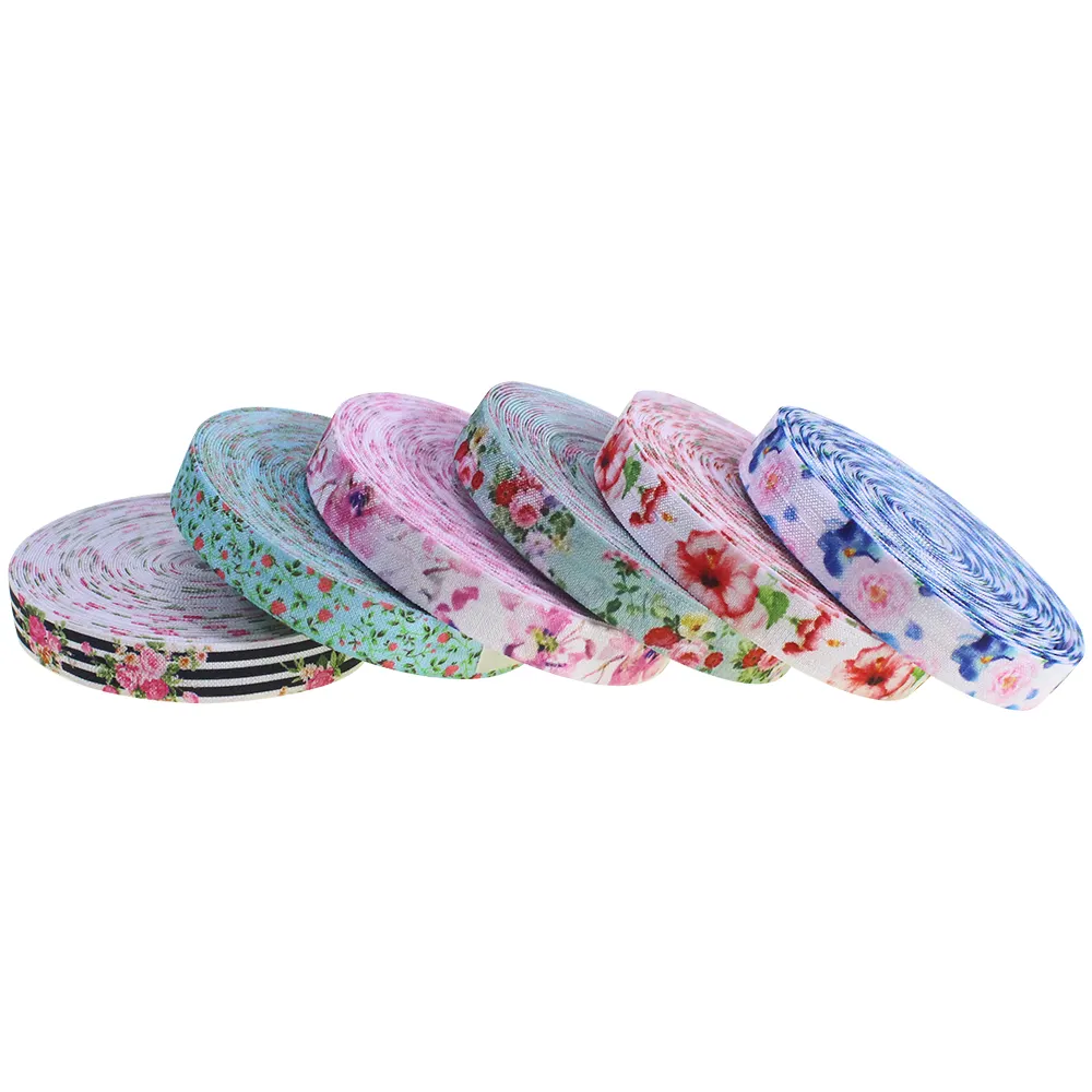 High design floral printed fold over elastic ribbon for hair ties