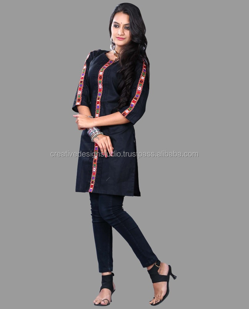 Black cotton embroidery kurtis top / Embroidery Stip Design
