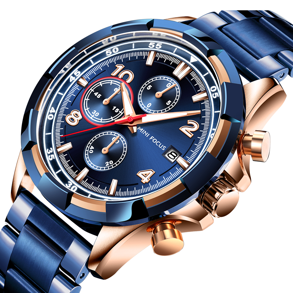 Модные мужские наручные часы MINI FOCUS, спортивные часы Chrono 3 с синим розовым золотом, роскошные брендовые светящиеся часы из нержавеющей стали, 2019