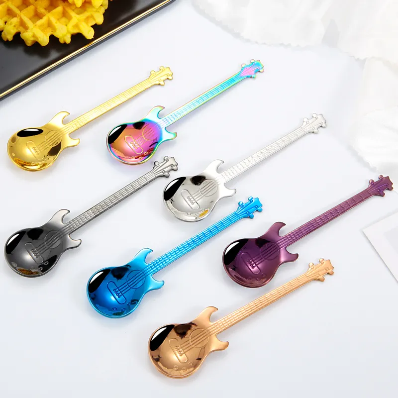 Creative Stainless Steel Colorful Guitar Shaped Tea Coffee Ice Cream Spoon
