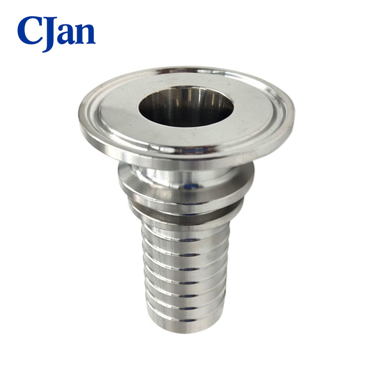 Stainless Steel DIN Tri-clamp hose fitting with toothed hose shank for connecting hoses