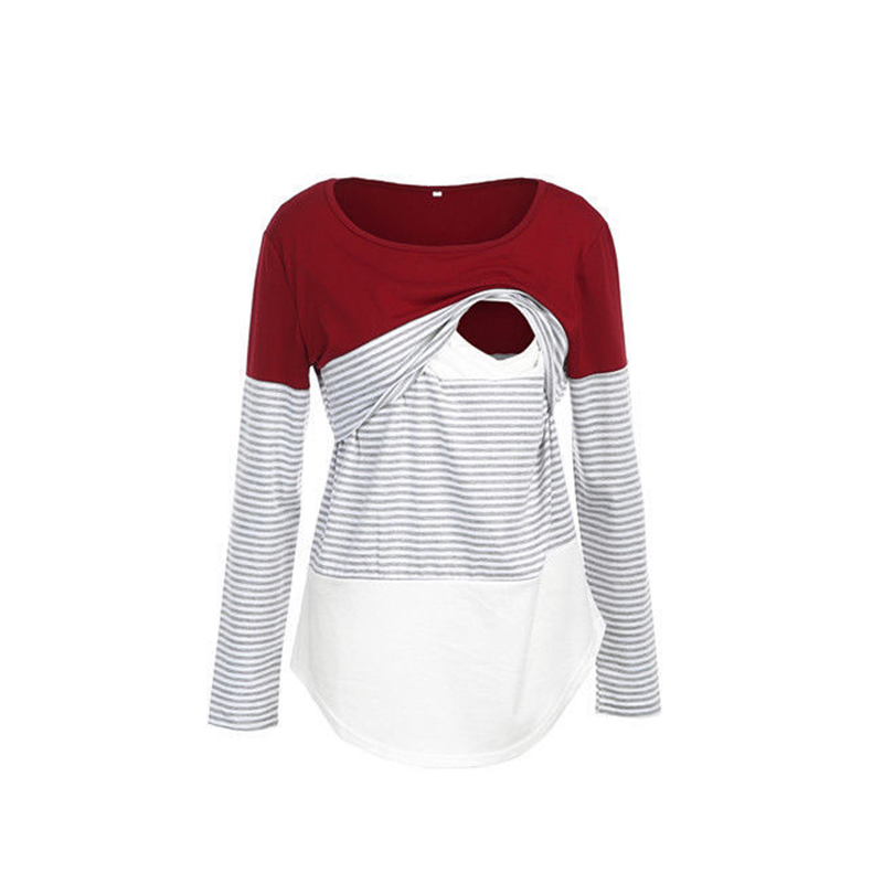 Women Cotton Long Sleeve Stripe Nursing Top