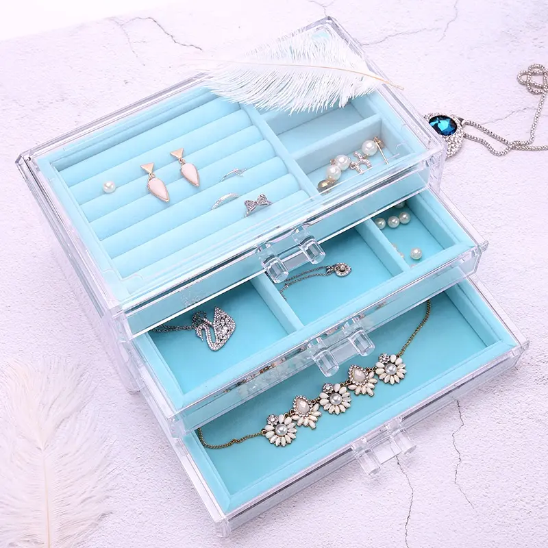 Acrylic Tray Showcase Display clear Ring Luxury 3 drawer acrylic Jewelry Boxes Organizer Velvet Jewelry Storage Box