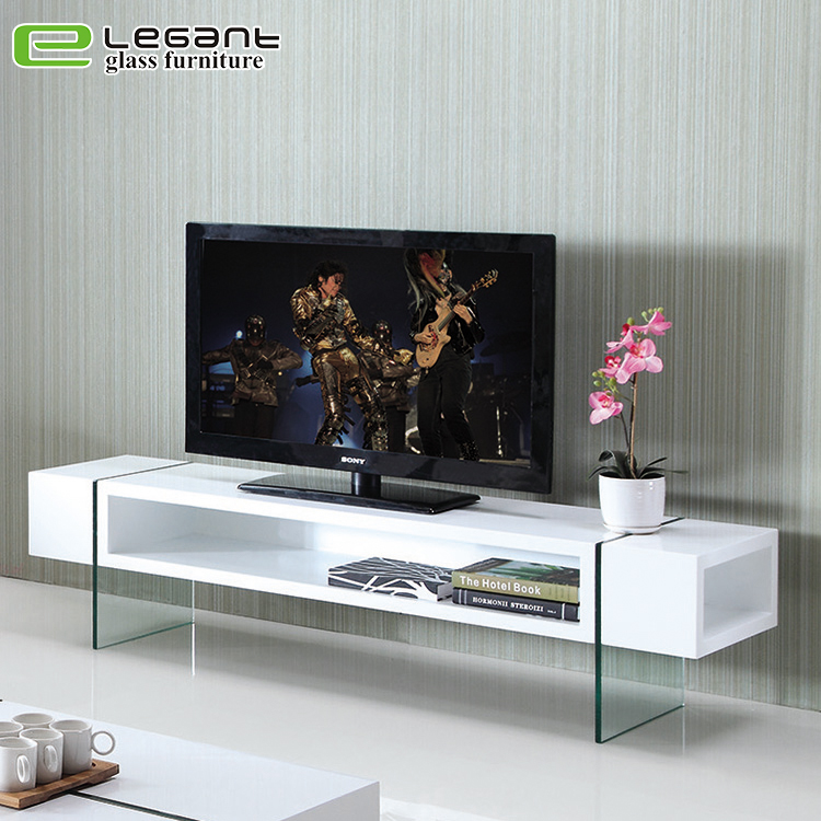 Tempered Glass TV Stand with High Gloss White MDF Drawers