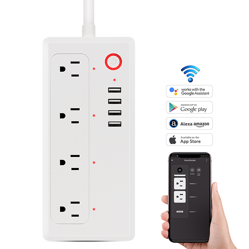 Умная Сетевая розетка стандарта США с поддержкой Wi-Fi, 15 А, 4 выхода USB, 5 В, 3,1 А, быстрая зарядка, защита от перенапряжения