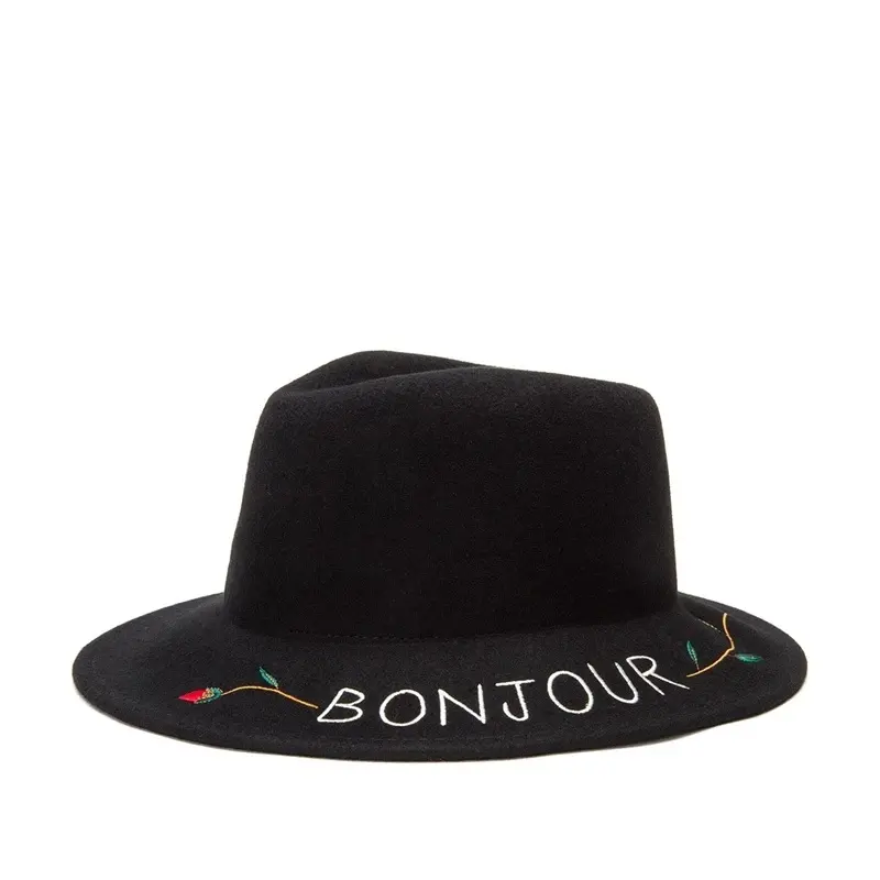 Женская/дамская шляпа-фетр с широкими полями и вышивкой BONJOUR