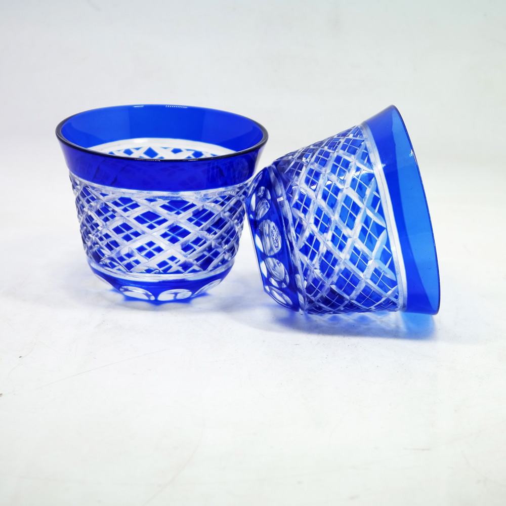 130ml blue hand cut to clear glass cold tea cups