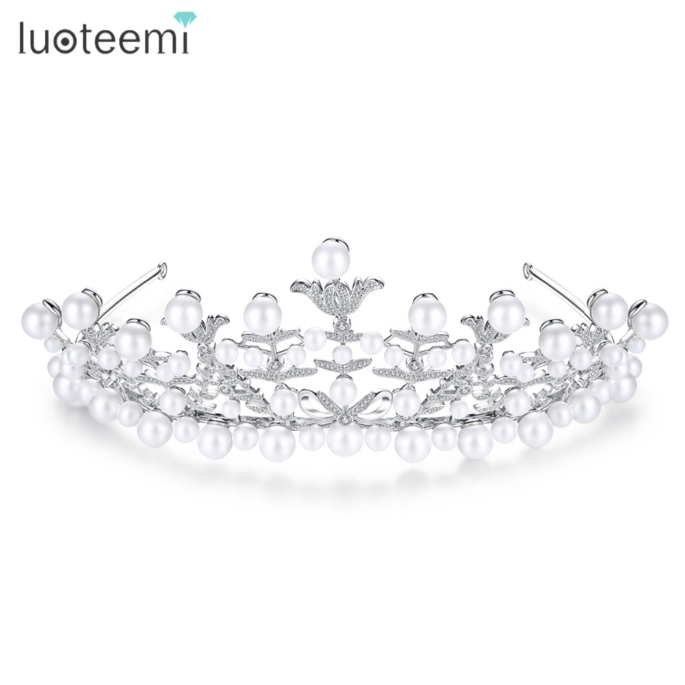 Повязка на голову LUOTEEMI для невесты, свадебные аксессуары для волос, диадемы для свадьбы, конкурса, тиары, короны с жемчугом, свадебная тиара, короны
