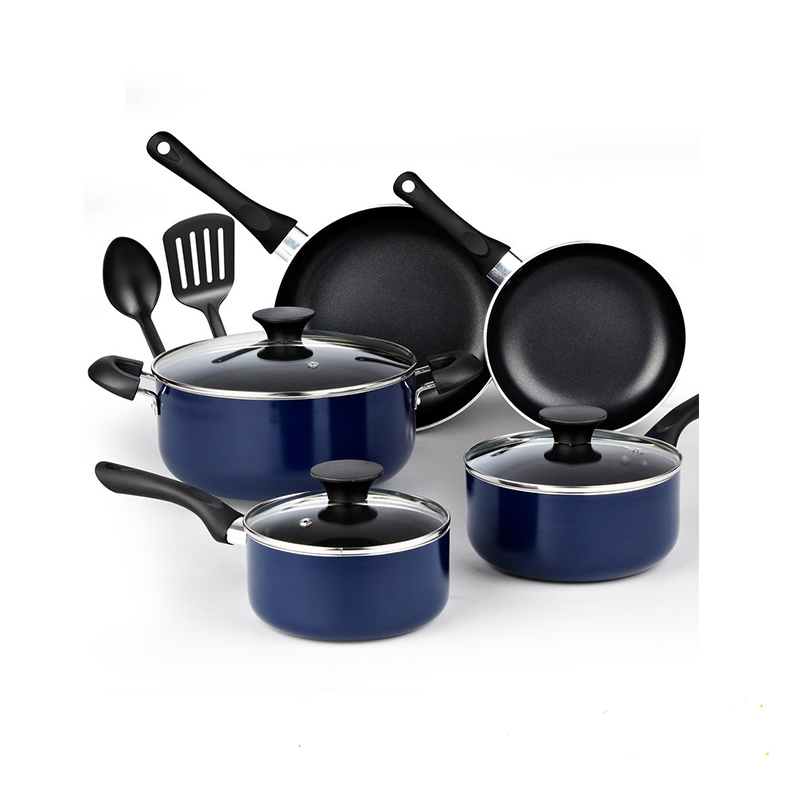 Durable hot sell blue non stick kitchen pot and pan set 10pcs cookware pot