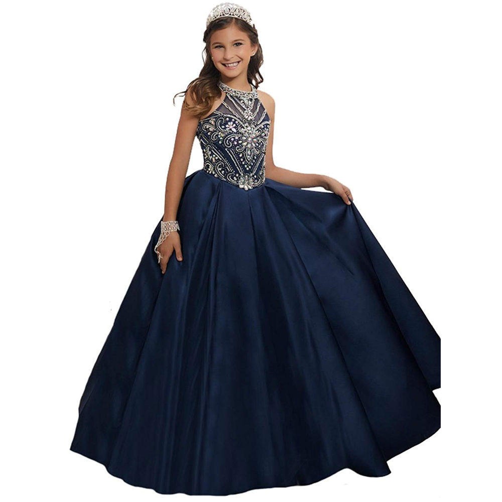 OEM 2-12 years cheap girl pageant dress beaded kids evening gown organza kids ball gown long little girls prom dress navy