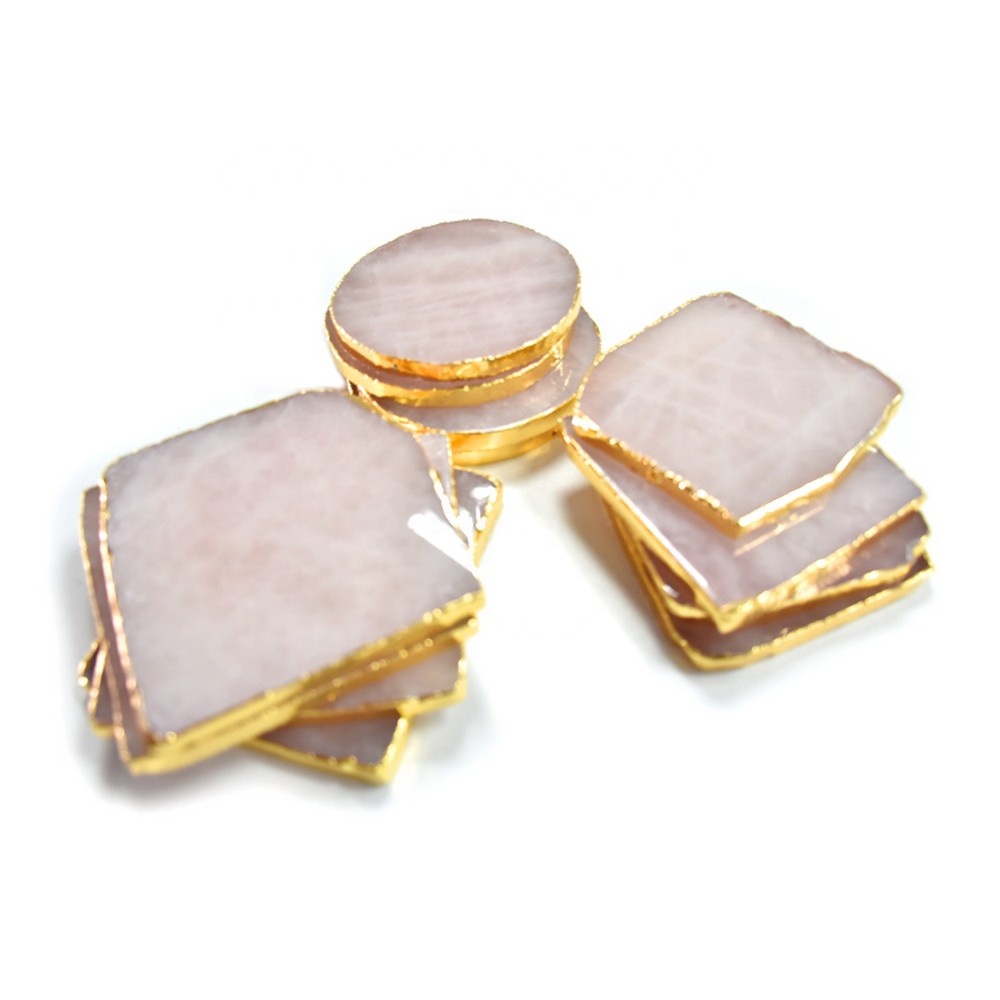 Round Heart Shaped Hexagon Large Slice Crystal Geode Stone Gemstone Agate Gold Plated Trim Rose Quartz Coasters for Drinks