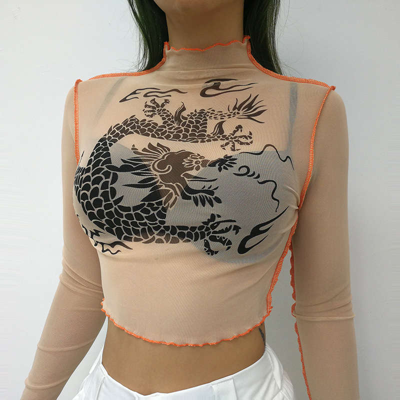 R31017S fashion high neck mesh see through long sleeve animal print women t-shirts
