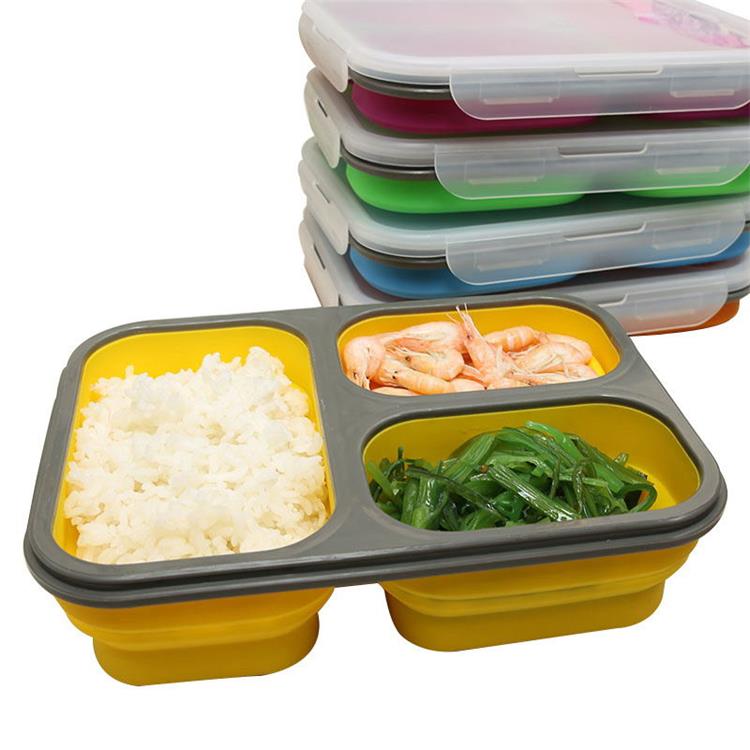 FDA одобренный микроволновый безопасный складной 3 отсека силиконовый Bento ланч-бокс силиконовый складной ланч-бокс