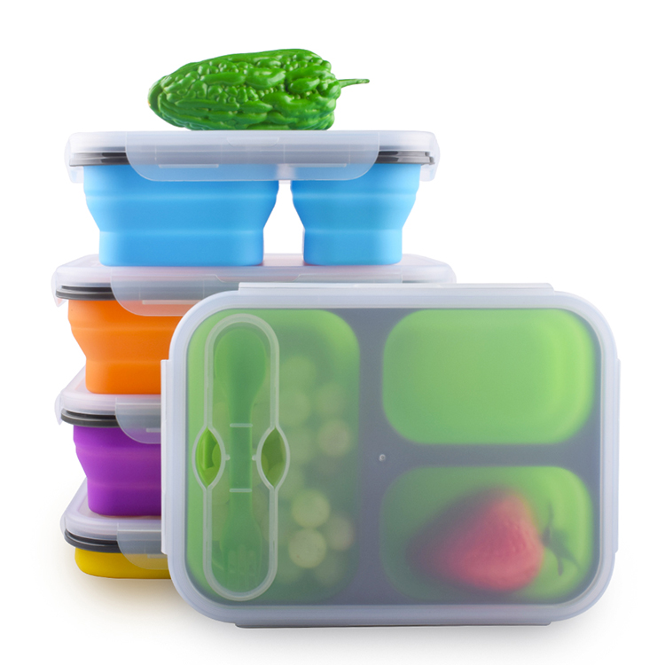 3 отсека Детские герметичные Bento многоразовые контейнеры для хранения еды складные детские складные силиконовые Ланч-боксы с вилкой